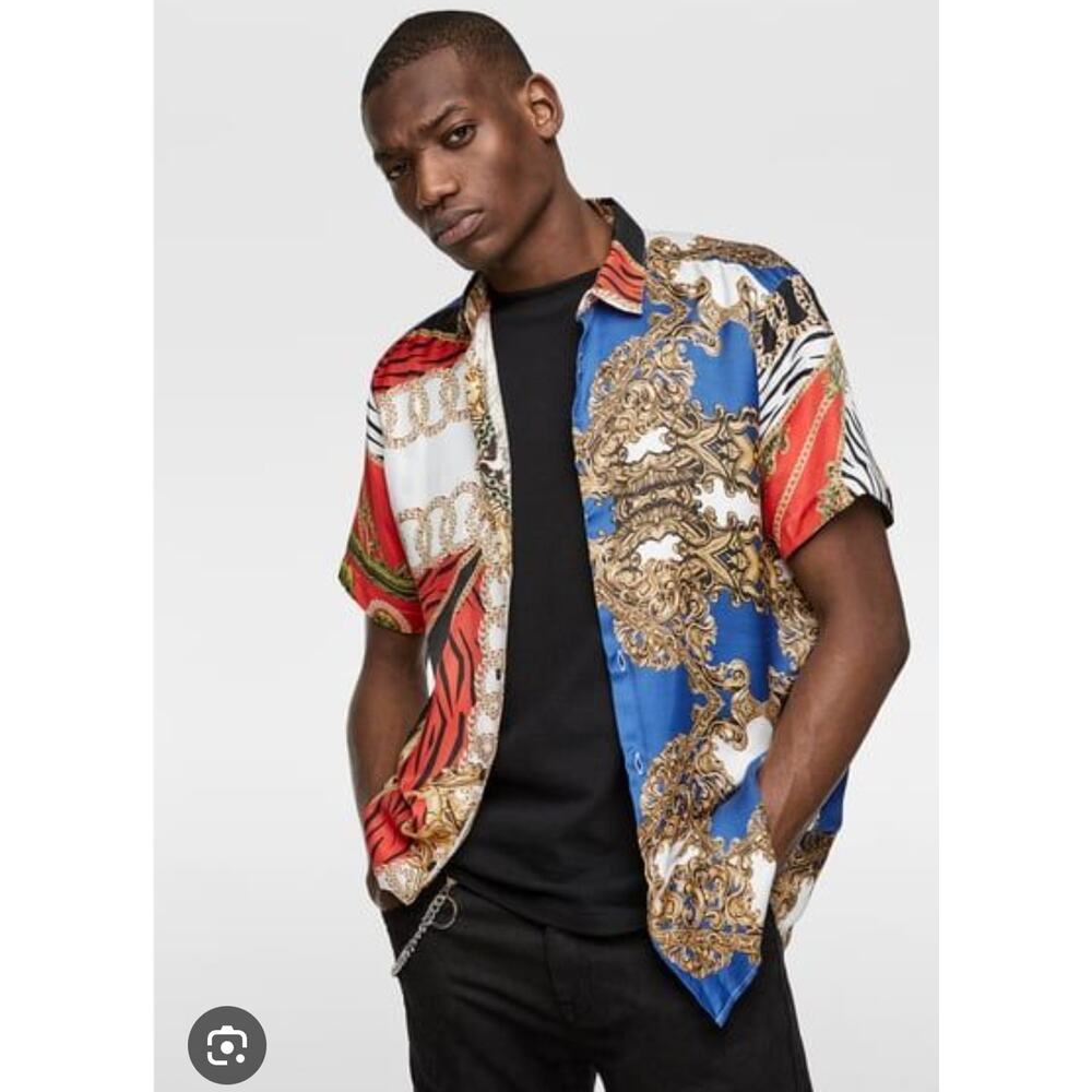 Zara Printed Chains Shirt Men's Sz M Blue Red Gold Designer Silky Luxe Relaxed‎